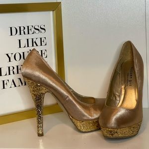Glitter Heel Gold Satin Pump